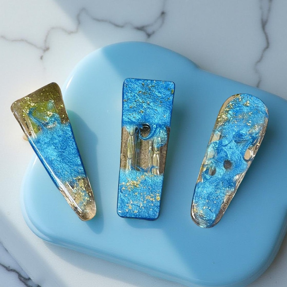 Blue and Gold Resin Hair Clips set/3